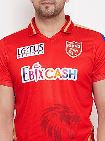 Image of T10 Sports KXIP Punjab Player Jersey Ed.2021 Half Sleeve Red & Gold | Kings XI Punjab Jersey | Punjab Kings Player Jersey | KXIP Player T-Shirt | IPL Cricket T-Shirt for Unisex Red