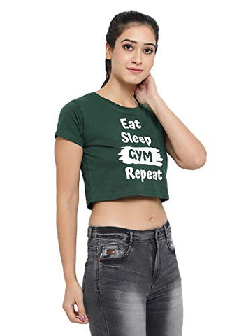 Image of The Dance Bible Women Printed Cotton Crop Top for Dance, Fitness, Yoga, (Eat Sleep Gym Repeat, Green, Medium)