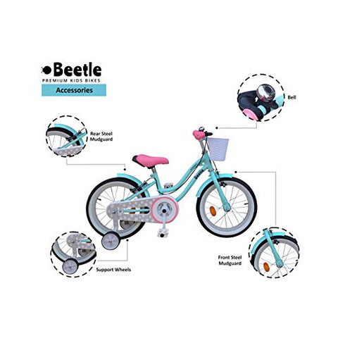 Image of Beetle Bubblegum, 16T, Kids Bike for 5-7 Year olds, Single Speed Cycle with Front Basket and Support Wheels, Height: 3 feet to 4 feet, Blue.