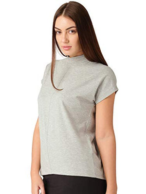 Fabricorn Plain Ecru Melange Stylish High Neck Cotton Tshirt for Women (Ecru Melange, Large)