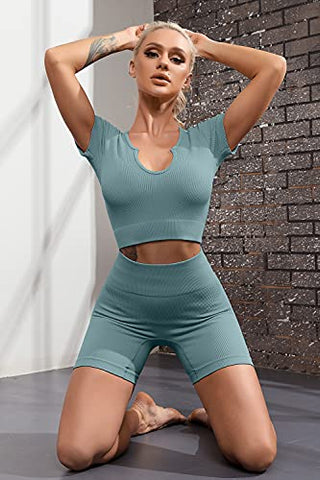 Image of FAFOFA Active Wear Outfits for Women Ribbed Seamless Sport Shorts Crop Tops 2 Piece Yoga Sets L