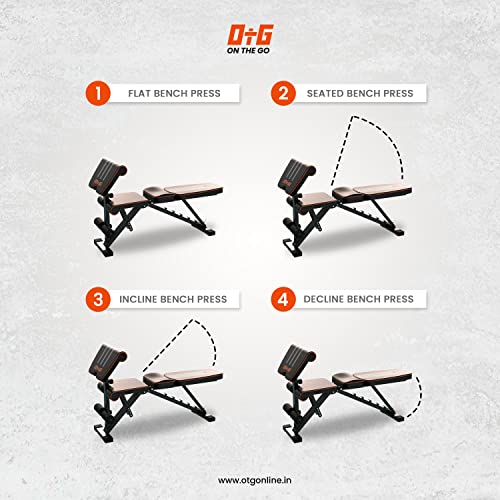 OtG ON THE GO 6 in 1 Multi-Functional Weight Strength Training Foldable Incline Decline Exercise Preacher Bench for Home Gym (Black, Orange) - Max Weight Capacity: 300 Kg