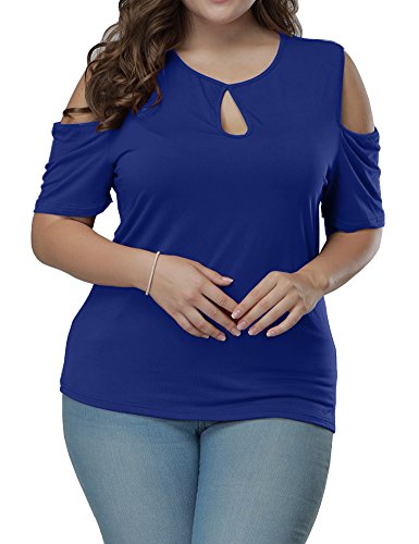 Allegrace Women's Plus Size Keyhole Front Short Sleeve Top Cold Shoulder T Shirt Blue 4X