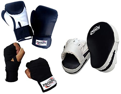 Image of Prospo Focus Pad Curved+Prospo 12 oz Training and Fighting Boxing Gloves with Hand wrap Gloves (syenthetic Leather)