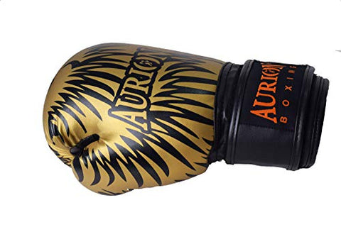 Image of Aurion Molded Faux Leather Boxing Gloves for Muay Thai Kickboxing MMA Martial Arts Workout Grappling Dummy &Double End Ball Punching Boxing Gloves with Hand wrap 176 Inches (Golden / Black, 12 oz)