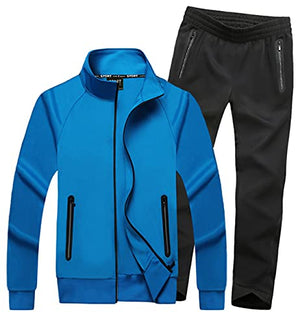 FAXIKIO HORZEE Men's Exercise Kits Athletic Tracksuit Full-Zip Jogger Sports Set Casual Sweat Suit Jacket&Pants-15 Piece Blue, XX-Large