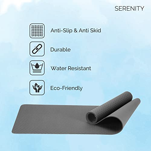 Serenity Everyday Yoga Mat & Carry Strap for Men, Women & Kids Fitness | EVA Material Extra Thick, Long & Wide Exercise Mat For Home Gym, Yoga, Meditation, Pilates & Outdoor Workout | Soft, Easy to Fold, Anti Skid, Anti Slip (6MM, Granite Grey)