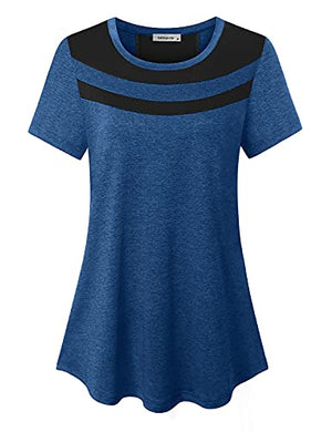 MOQIVGI T Shirts for Women Sports, Short Sleeve Workout Clothes, Juniors Soft Breathable Mesh Patchwork Dry Fit Tops Daily Lounge Vacation Casual Wear Blue Large