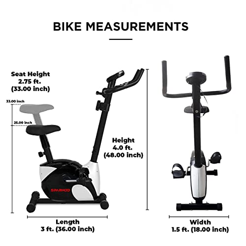 SPARNOD FITNESS SUB-52 Upright Exercise Bike for home gym - LCD Display, Height Adjustable Seat, Compact design 4Kg Flywheel and Heart Rate Sensors Perfect Cardio Exercise Cycle Machine (Black/White)