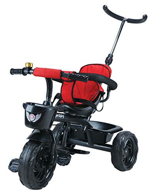 JoyRide Learn-to-Ride Trike on 3 Wheels with Safety Harness, Non-Slip Pedal,Storage Basket and Removable Parent Handle, Black, Red