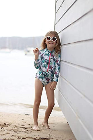 Image of Tame the Sun Long Sleeve Swimsuit for Girls, UPF 50+, Ages 3-12 - Frills, One Piece Rashguard Swimwear (White, 3)