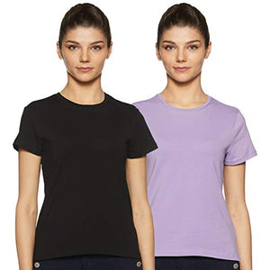 Amazon Brand - Symbol Women's Solid Regular Fit Half Sleeve T-Shirt (RN-PO2-COMBO12_Lavendar & Black_Small) (Combo Pack of 2)