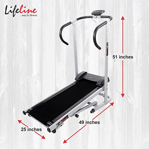 Image of Life Line Fitness LT-201 Foldable Manual Treadmill for Home Gym Exercise with Cardio Weight Loss Gym Workout at Home, 2 Level Inclination (LT-201, Silver, Black)