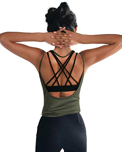 OYANUS Womens Summer Workout Tops Sexy Backless Yoga Shirts Loose Open Back Running Sports Tank Tops Cute Muscle Tank Sleeveless Gym Fitness Quick Dry Activewear Clothes for Juniors Olive S
