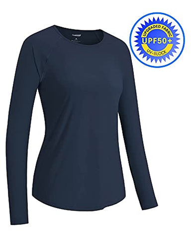 Image of Promover Women's UPF 50+ Workout Shirts Sun Protection Quick Dry Long Sleeve Scoop Neck Yoga Activewear Plain Tee Tops, A-upgraded Navy, XX-Large