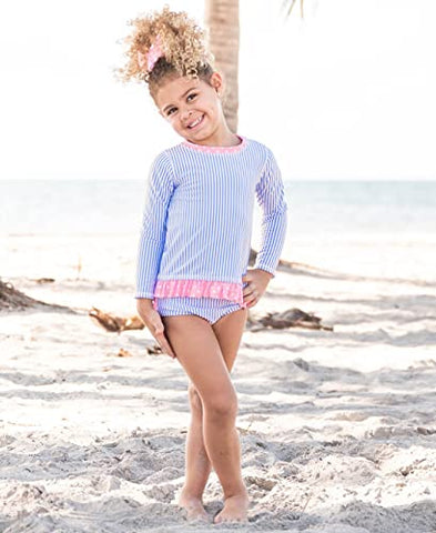 Image of RuffleButts Little Girls Periwinkle Seersucker Long Sleeve Rash Guard Bikini - 5