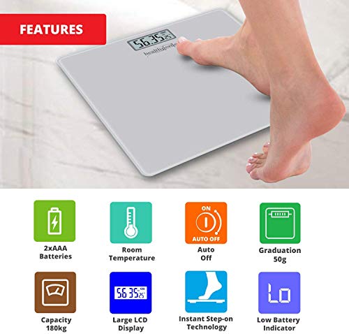 Healthgenie Thick Tempered Glass Lcd Display Digital Weighing Machine , Weight Machine For Human Body Digital Weighing Scale, Weight Scale, with 2 Year Warranty & Batteries Included (Silver)