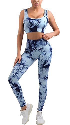 OLCHEE Women's 2 Piece Workout Outfits - Seamless Tie-dye Leggings and Sports Bra Yoga Activewear Set - Blue Size XL