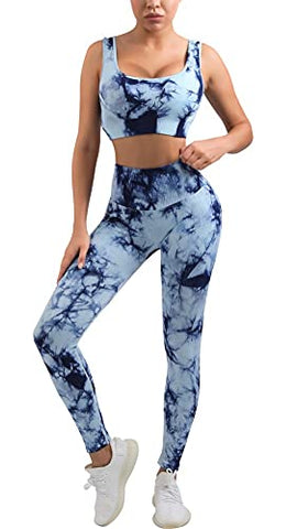 Image of OLCHEE Women's 2 Piece Workout Outfits - Seamless Tie-dye Leggings and Sports Bra Yoga Activewear Set - Blue Size XL