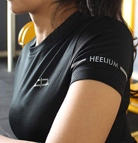 Image of HEELIUM Women's Polyester T-Shirt for Sports, Gym, Yoga & Running, Black, Strechable Fit, Quick Dry (Sizes - S: 33 inch, M: 35 inch, L: 37 inch, XL: 39 inch)