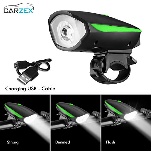 Carzex Rechargeable Rubber Bike/Cycle Super Bright Light & Horn with High/Low/Flashing Beam Function and 140 DB Sound with 5 Different Horn Modes (Color May Vary) (Red/Green)