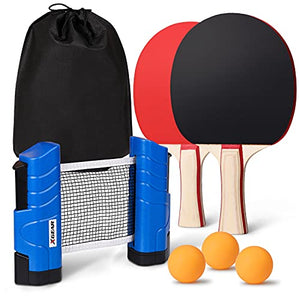 XGEAR Anywhere Ping Pong Equipment to-Go Includes Retractable Net Post, 2 Ping Pong Paddles, 3 pcs Balls, Attach to Any Table Surface, for All Ages£¬ Lake Blue