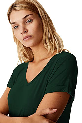 Image of Fabricorn Solid Bottle Green Colour Cotton V-Neck Up Down Hem Short Sleeve Tshirt for Women (Bottle Green, Large)