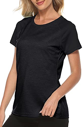 MoFiz Women's Workout Running T-Shirt UPF 50+ Sun Protection Activewear Yoga Gym Breathable Soft Short Sleeve Tops Sports Tee Rose Blke Size XS