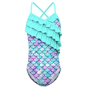 Child Girls Backless Swimsuit Size 8-9T One Piece Mermaid Bathing Suit Summer Casual Sun Protection UPF 50+ Swimwear