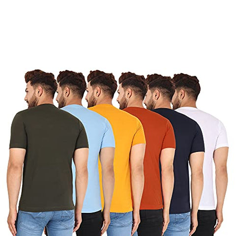 Image of RZERO9 Men's Solid Plain Regular Fit Half Sleeve Cotton Round Neck T-Shirt Combo (Pack of 6)/OLIVESKY Blue/Mustard/Rust/Navy/White