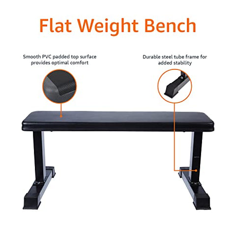 Image of Amazon Basics Flat Weight Workout Exercise Bench - 41 x 20 x 11 Inches, Black, 170 kg Limit