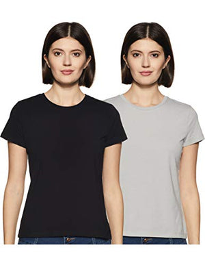 Amazon Brand - Symbol Women's Solid Regular Fit Half Sleeve T-Shirt (SYMAW19RN1_Lt Grey Melange & Black_M) (Combo Pack of 2)