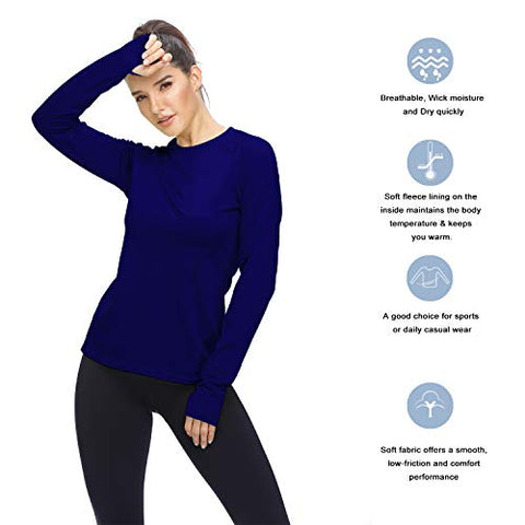 Image of HISKYWIN Womens Thumb Hole,Raglan Sleeve,Long Sleeve Tee Crew Neck Fleece T-Shirt HF28-Dark Blue-L