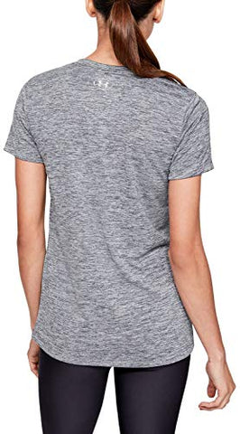 Image of Under Armour Women's Tech V-Neck Twist Short Sleeve T-Shirt, Pitch Gray (012)/Metallic Silver, Large