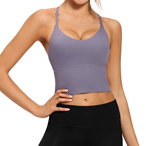 VIBOJOY Longline Strappy Padded Sports Bras Workout Running Tank Crop Tops Yoga Gym Fitness Activewear for Women (Grey-Purple, Small)