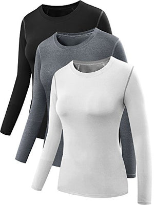 Neleus Women's 3 Pack Dry Fit Athletic Compression Long Sleeve T Shirt,Black,Grey,White,X-Large