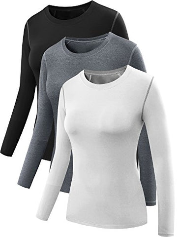 Image of Neleus Women's 3 Pack Dry Fit Athletic Compression Long Sleeve T Shirt,Black,Grey,White,X-Large