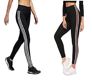 HELISHA® Gym wear Leggings Ankle Length Free Size Combo Workout Trousers | Stretchable Striped Jeggings |Mid Waist Sports Fitness | Yoga Track Pants for Women & Girls (Pack of 2) (Black With White-Line+Black-With-Red-Line)