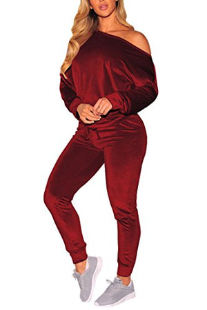 VamJump Women Burgundy Velvet Off Shoulder Long Sleeve Sweat Suits Tracksuit, Medium