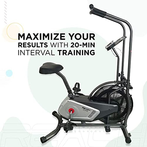 Image of Reach Iconic Air Bike Exercise Cycle for Home Gym | Fan-based Air Resistance for Cardio & Fitness Workout | Indoor Gym Equipment with LCD screen and Cushioned Seat