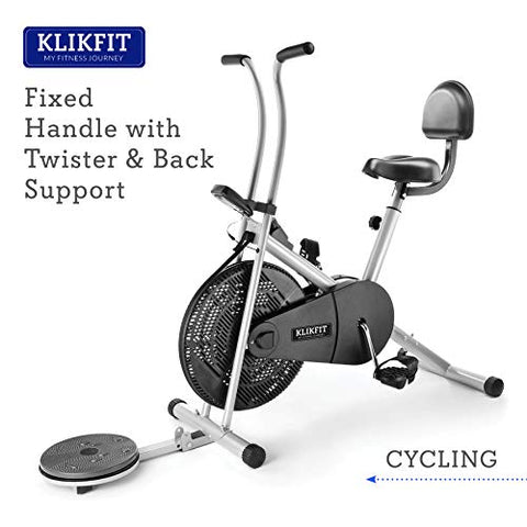 Image of KLIKFIT KF04F Indoor Stationary Air Bike Exercise Cycle with Back Support & Twister Plate with Installation Support for Home Gym Cardio Full Body Weight Loss Workout, Silver, Black