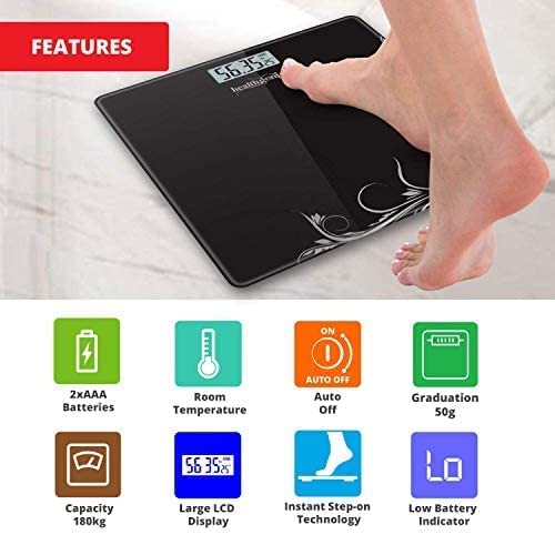 Healthgenie Thick Tempered Glass Lcd Display Digital Weighing Machine , Weight Machine For Human Body Digital Weighing Scale, Weight Scale, with 2 Year Warranty & Batteries Included (Black Pattern)