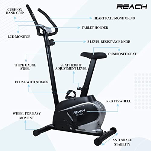 Reach B-201 Magnetic Exercise Cycle for Home Gym Indoor Upright Stationary Bike for Smooth Cycling Experience [8 level of Magnetic Resistance]
