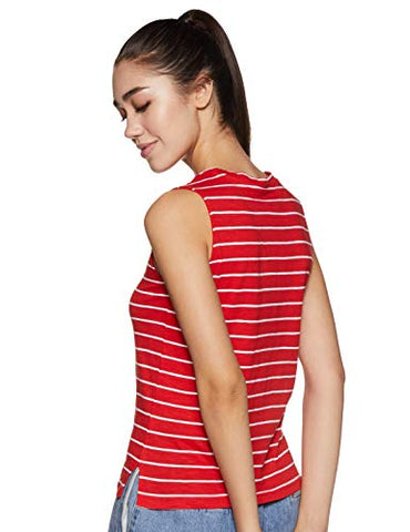 Image of Amazon Brand - Symbol Women's Striped Regular Fit Sleeveless Cotton T-Shirt (SYMAW19TS035B_Red_Large)