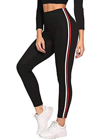 Image of Fitg18® Gym wear Leggings Ankle Length Free Size Workout Trousers | Stretchable Striped Leggings | High Waist Sports Fitness Yoga Track Pants for Girls & Women (Free Size) (Black) (RED, Free Size)