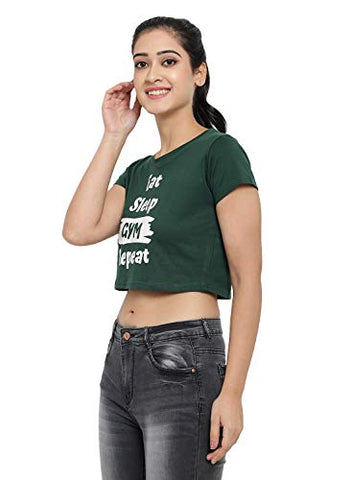 Image of The Dance Bible Women Printed Cotton Crop Top for Dance, Fitness, Yoga, (Eat Sleep Gym Repeat, Green, Medium)