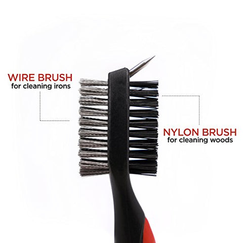 Image of SHAUN WEBB Golf Brush Cleaner Set - Wire and Nylon Bristle Brushes for Golfing Accessories, Clubs, Shoes, Irons, Woods, Groove - Spike with Rubber Cover, Retractable Zipline Cord, and Carabiner Clip