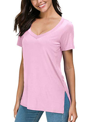 Herou Women Lightweight Undershirt Breatheable Simple Side Split Sport T Shirt Pink M