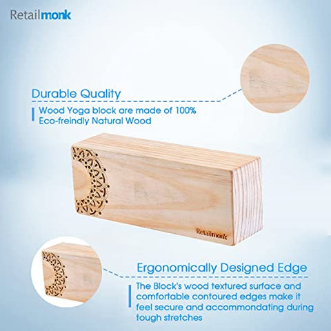 Image of Retailmonk (Set of 2) Premium Designer Handmade Wooden Yoga Blocks, Eco-Friendly Yoga Block Brick, Provides Stability, Balance and Flexibility, Great for Yoga, Fitness & Gym (Standard - 9"x2.5"x3.5") (Beige)