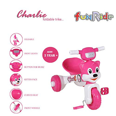 Image of Fun Ride Charlie Cat Foldable Tricycles with Music and Lights for Boys and Girls of 2-4 Years (Pink, Weight Upto 18 Kg)